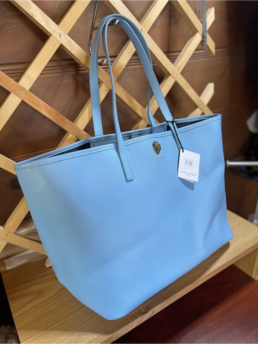 NWT Pristine Kurt Geiger London Pastel Blue Saffiano -Style 100% Leather Tote - Picture 10 of 14